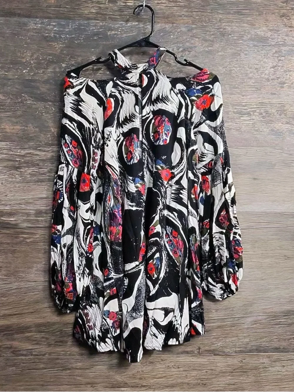 Free People Black & White Swirl Floral Cold-Shoulder Blouse
